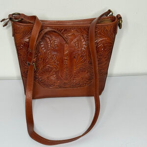Vintage Style Frye Melissa Artisan Tooled Hobo Crossbody Leather Bag